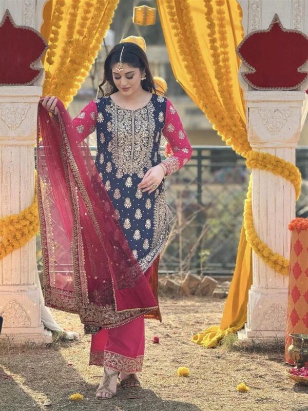 Shop Fox Georgette Embroidered Top-Plazzo with Dupatta Set - Image 4