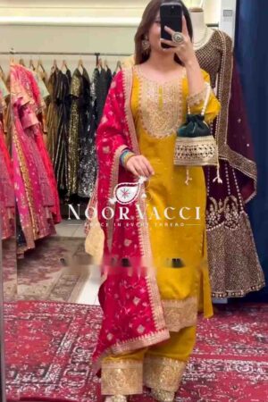 Buy Cinon Silk Embroidered Top-Pent with Dupatta Set