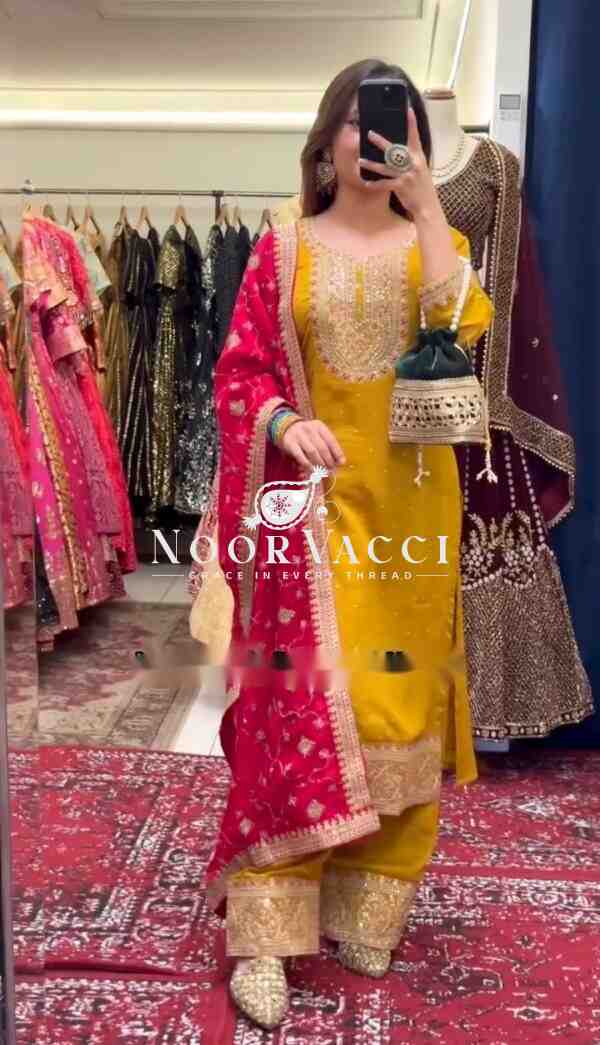 Cinon Silk Embroidered Top-Pent with Dupatta Set