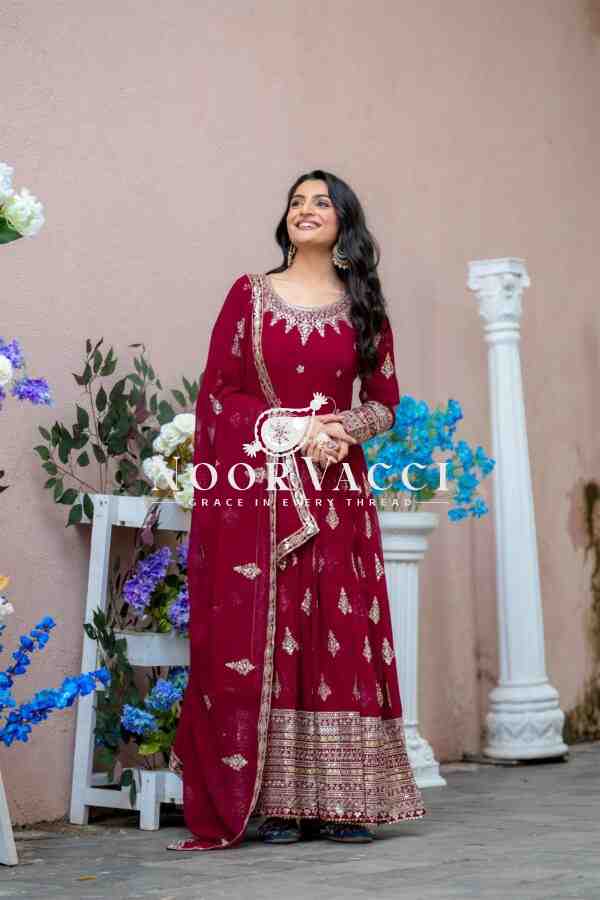 Designer Faux Georgette Embroidered Gown with Dupatta - Image 6