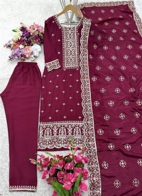 Buy Vichitra Silk Embroidered Top-Pent with Dupatta Set - Image 7
