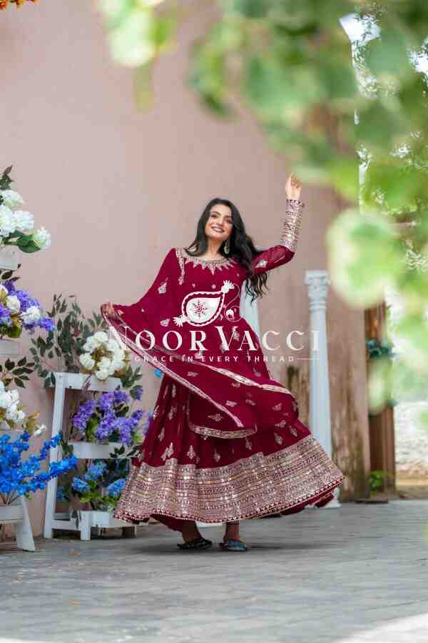 Designer Faux Georgette Embroidered Gown with Dupatta - Image 3