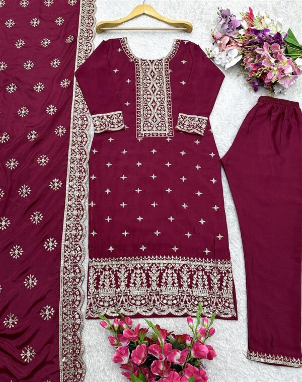 Buy Vichitra Silk Embroidered Top-Pent with Dupatta Set - Image 3