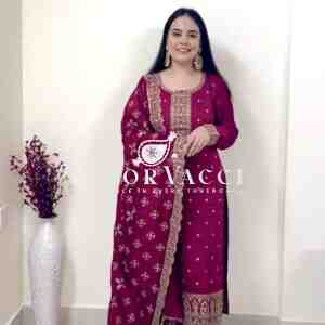 Vichitra Silk Embroidered Top-Pent with Dupatta Set