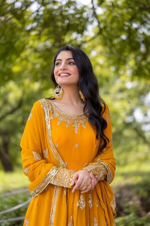 Shop Designer Faux Georgette Embroidered Gown with Dupatta - Image 5