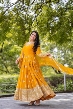 Shop Designer Faux Georgette Embroidered Gown with Dupatta