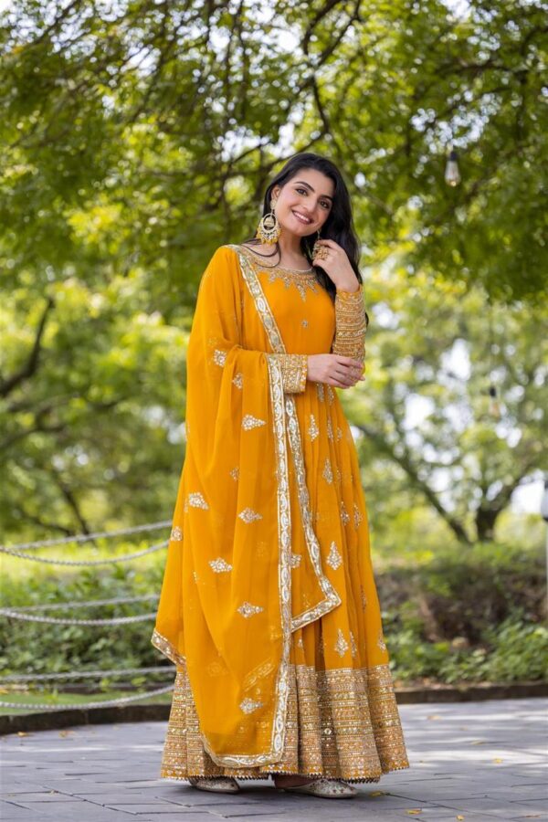 Shop Designer Faux Georgette Embroidered Gown with Dupatta - Image 3
