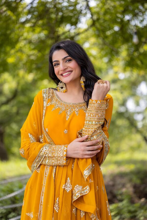 Shop Designer Faux Georgette Embroidered Gown with Dupatta - Image 2