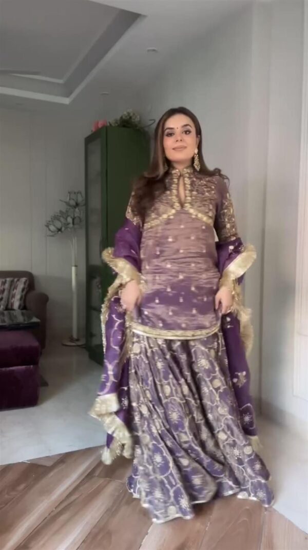 Shop Premium Pur Twil Gold Net Designer Set – Heavy Embroidered Top, Plazzo & Dupatta - Image 3