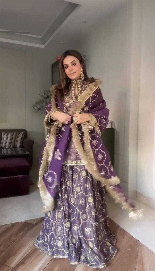 Shop Premium Pur Twil Gold Net Designer Set – Heavy Embroidered Top, Plazzo & Dupatta - Image 4
