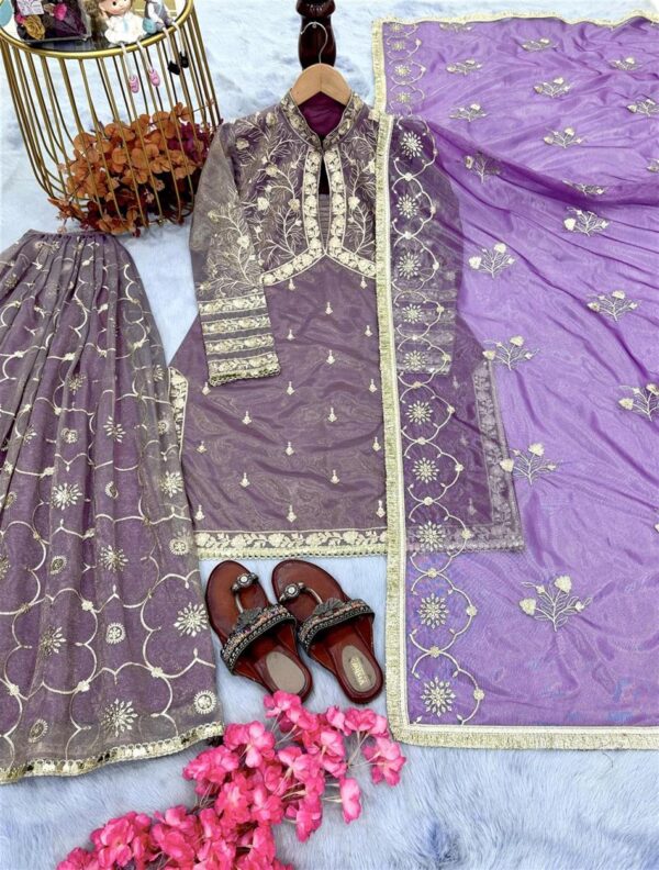 Shop Premium Pur Twil Gold Net Designer Set – Heavy Embroidered Top, Plazzo & Dupatta - Image 5
