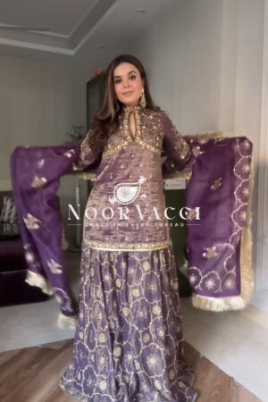 Shop Premium Pur Twil Gold Net Designer Set – Heavy Embroidered Top, Plazzo & Dupatta