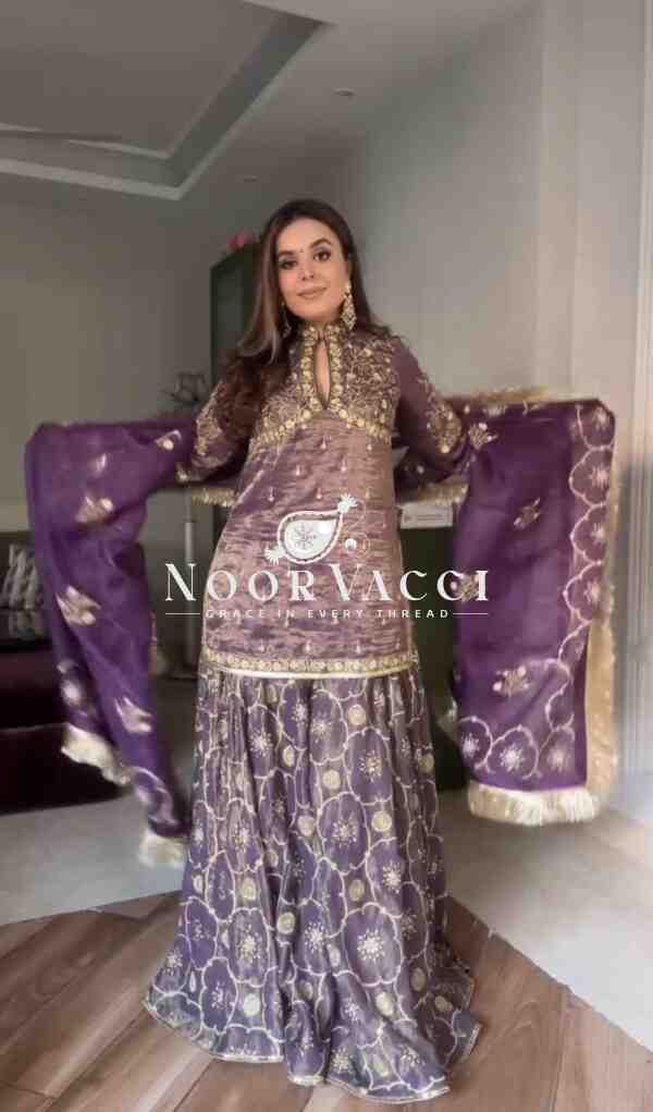 Premium Pur Twil Gold Net Designer Set – Heavy Embroidered Top, Plazzo & Dupatta