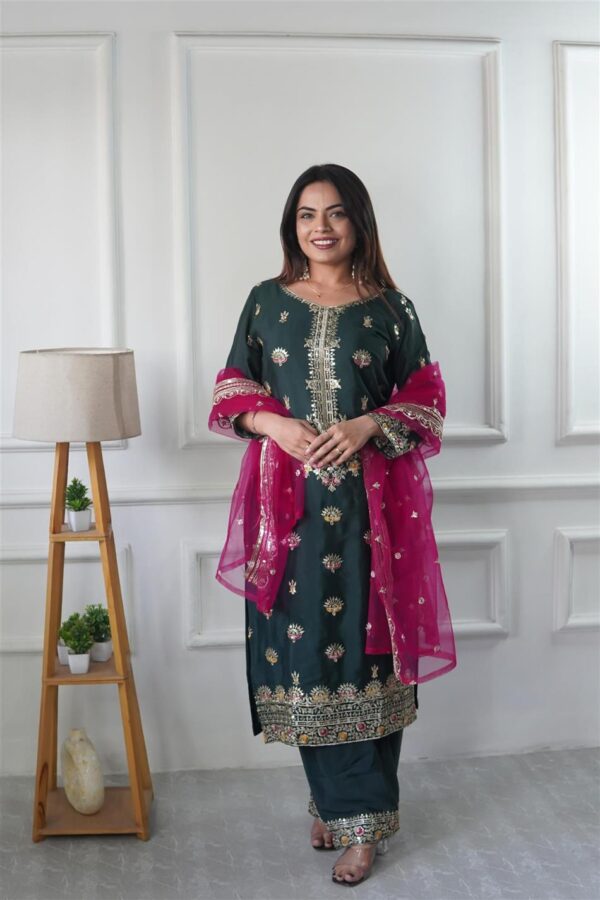 Buy Vichitra Silk Top-Plazzo with Organza Dupatta Set - Image 6