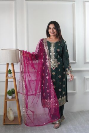 Buy Vichitra Silk Top-Plazzo with Organza Dupatta Set