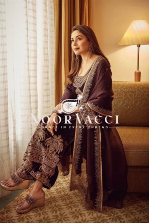 Buy Heavy Embroidered Chinon Silk Top-Bottom & Dupatta Set – Fully Stitched Ready to Wear