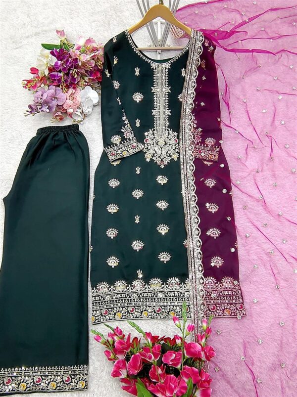 Buy Vichitra Silk Top-Plazzo with Organza Dupatta Set - Image 11