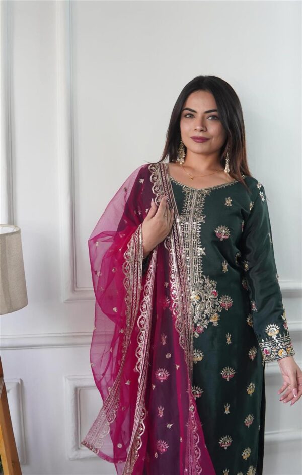 Buy Vichitra Silk Top-Plazzo with Organza Dupatta Set - Image 3