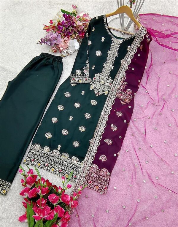 Buy Vichitra Silk Top-Plazzo with Organza Dupatta Set - Image 9