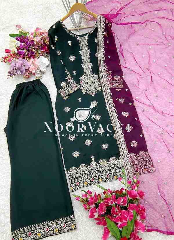 Vichitra Silk Top-Plazzo with Organza Dupatta Set - Image 12
