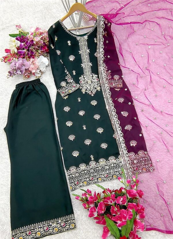 Buy Vichitra Silk Top-Plazzo with Organza Dupatta Set - Image 12