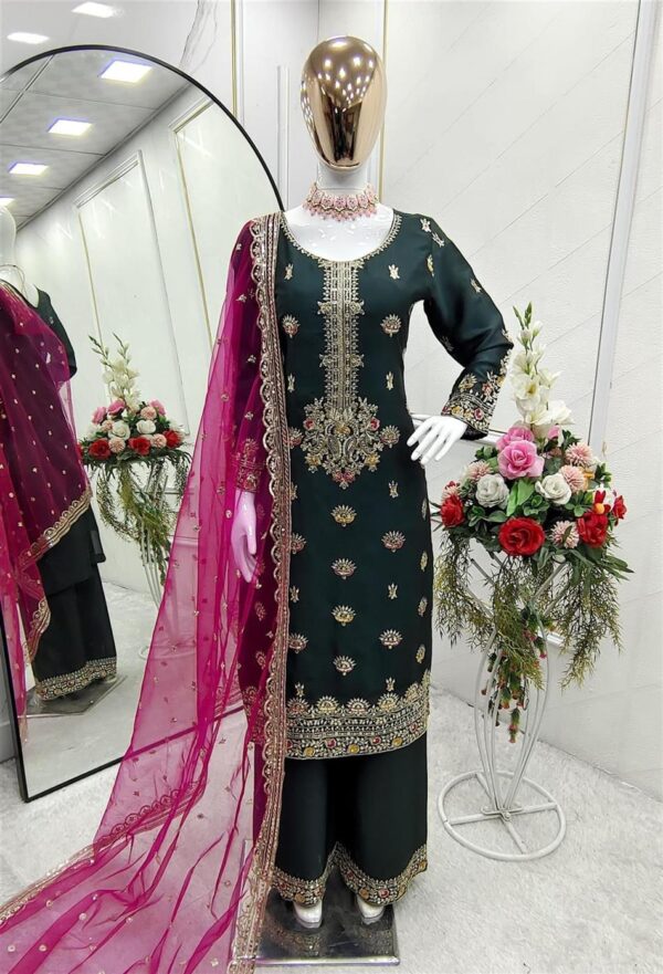 Buy Vichitra Silk Top-Plazzo with Organza Dupatta Set - Image 8