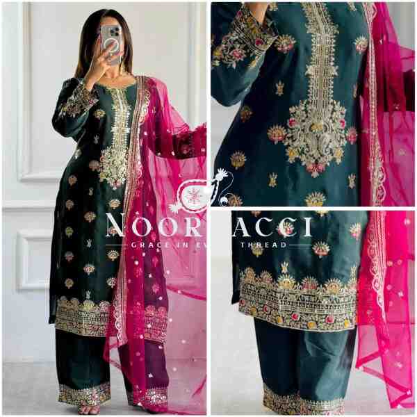 Vichitra Silk Top-Plazzo with Organza Dupatta Set - Image 2