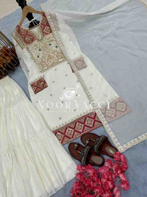 Premium Vichitra Silk Designer Set – Embroidered Top with Sarara Plazzo & Organza Dupatta - Image 8