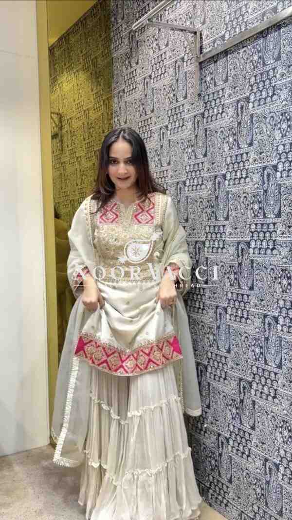 Premium Vichitra Silk Designer Set – Embroidered Top with Sarara Plazzo & Organza Dupatta - Image 2