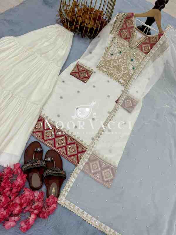 Premium Vichitra Silk Designer Set – Embroidered Top with Sarara Plazzo & Organza Dupatta - Image 5