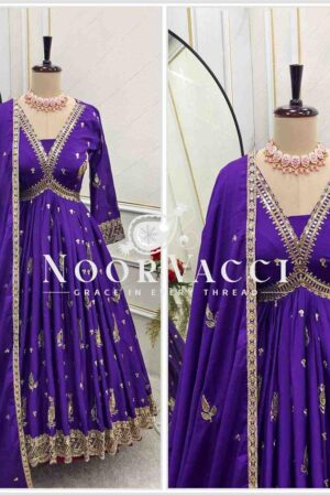 Shop Aliya-Cut Gown-Pant with Dupatta Set in Cinon Silk