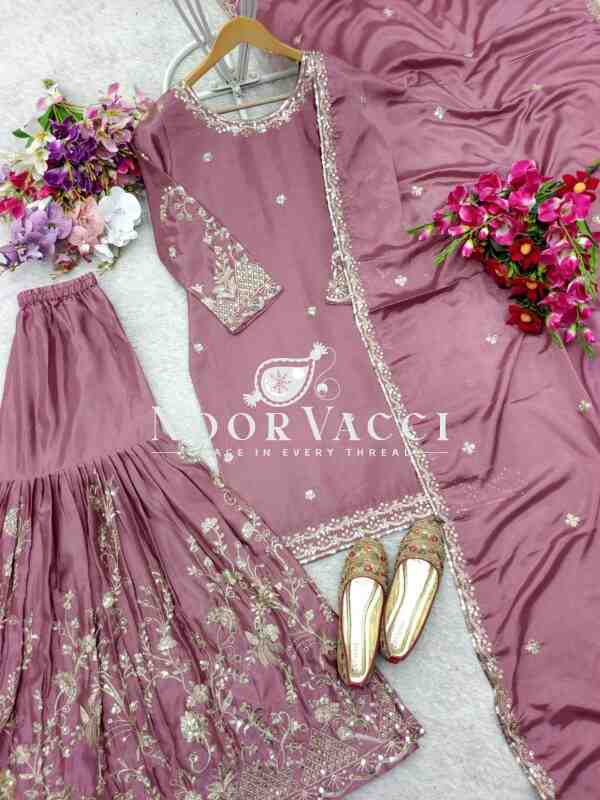 Cinon Silk Embroidered Top Sarara Set with Dupatta Fully Stitched - Image 5
