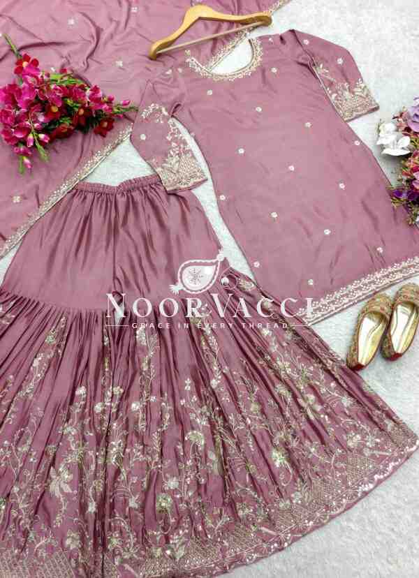 Cinon Silk Embroidered Top Sarara Set with Dupatta Fully Stitched - Image 7
