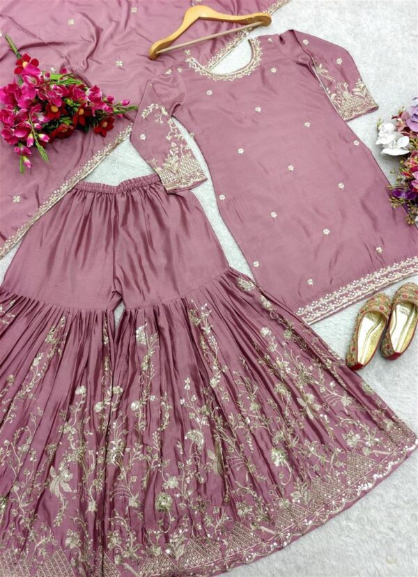 Shop Cinon Silk Embroidered Top Sarara Set with Dupatta Fully Stitched - Image 7