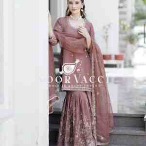Cinon Silk Embroidered Top Sarara Set with Dupatta Fully Stitched