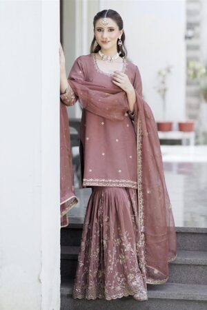 Shop Cinon Silk Embroidered Top Sarara Set with Dupatta Fully Stitched