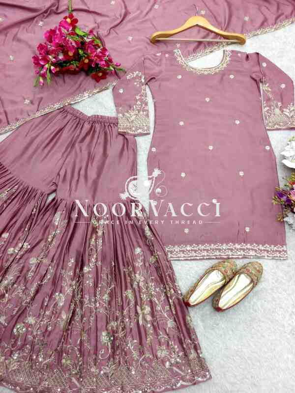 Cinon Silk Embroidered Top Sarara Set with Dupatta Fully Stitched - Image 8