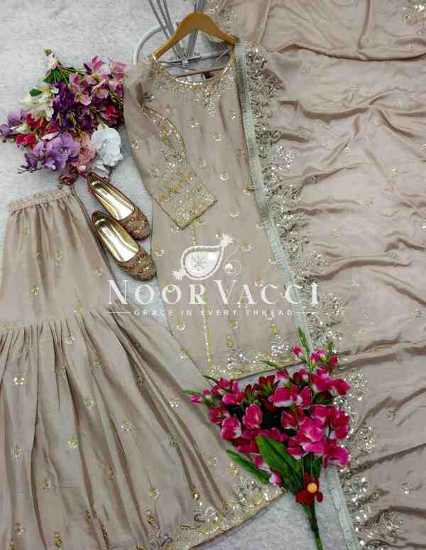 Cinon Silk Embroidered Top Sarara Set with Fancy Dupatta Fully Stitched - Image 8