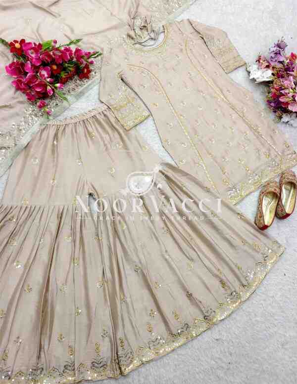 Cinon Silk Embroidered Top Sarara Set with Fancy Dupatta Fully Stitched - Image 9