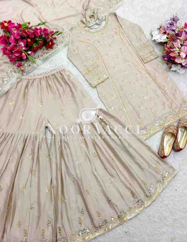 Cinon Silk Embroidered Top Sarara Set with Fancy Dupatta Fully Stitched - Image 10