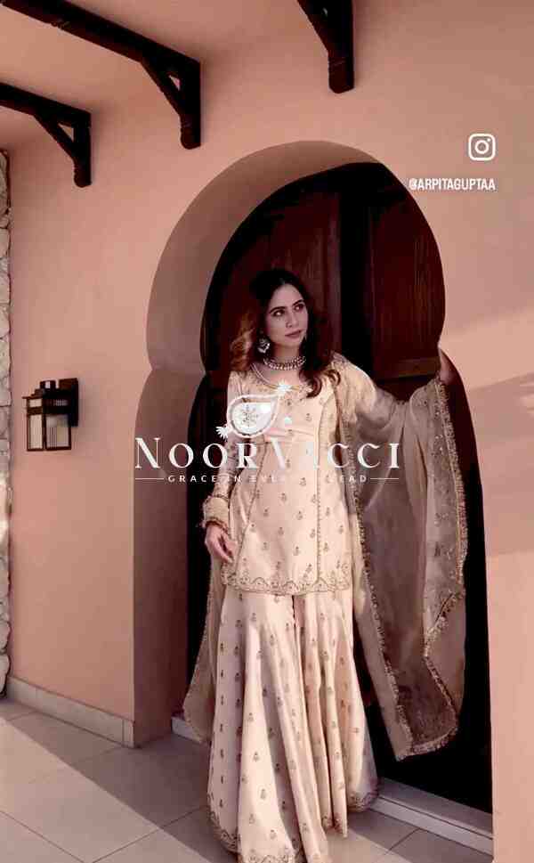 Cinon Silk Embroidered Top Sarara Set with Fancy Dupatta Fully Stitched - Image 5