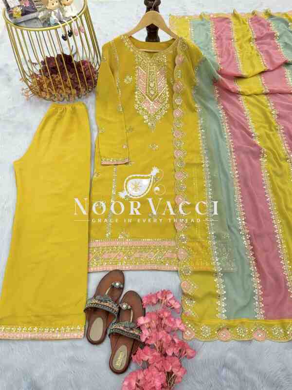 Premium Designer Faux Georgette Top Plazzo & Multicolor Dupatta Set - Image 5
