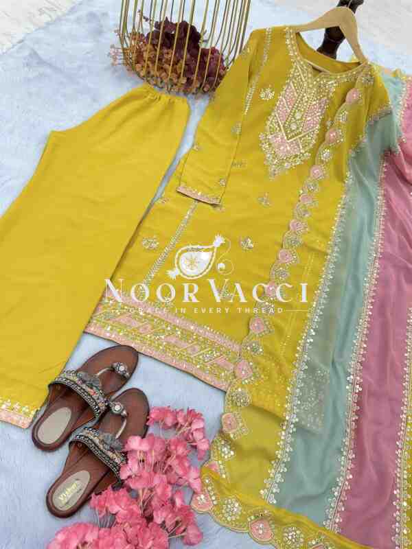 Premium Designer Faux Georgette Top Plazzo & Multicolor Dupatta Set - Image 6
