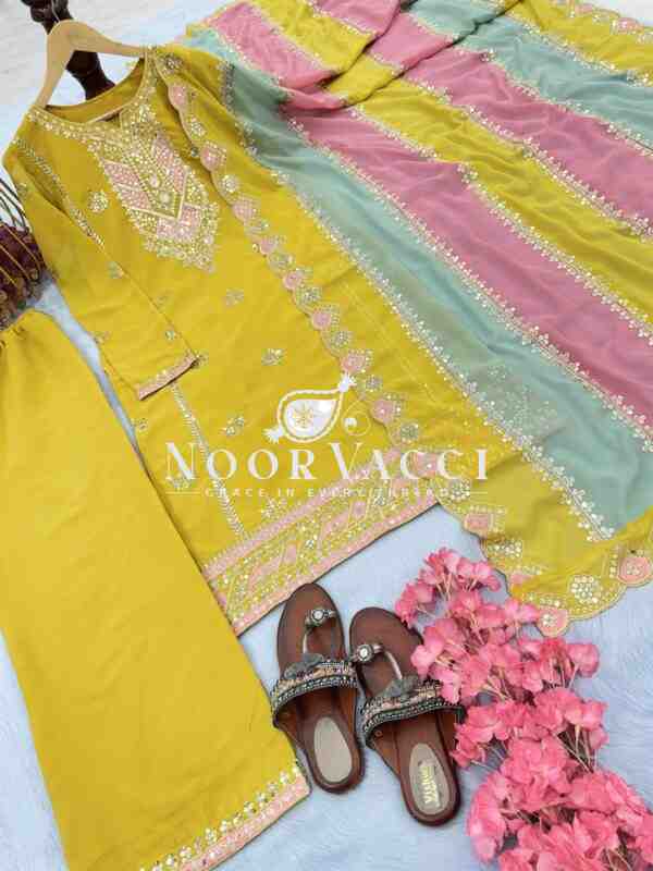 Premium Designer Faux Georgette Top Plazzo & Multicolor Dupatta Set - Image 4