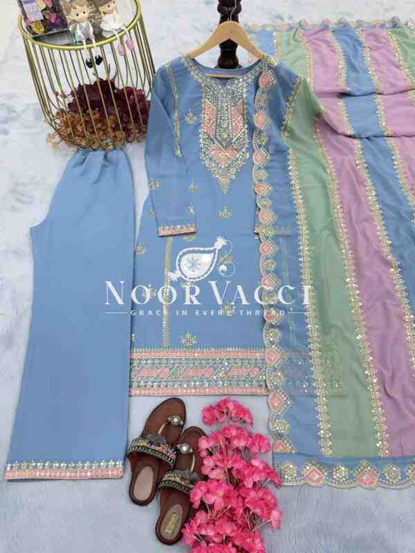 Premium Designer Faux Georgette Top Plazzo & Multicolor Dupatta Set - Image 5