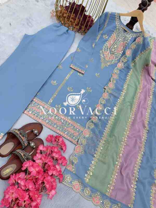 Premium Designer Faux Georgette Top Plazzo & Multicolor Dupatta Set - Image 6