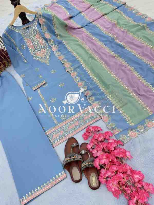 Premium Designer Faux Georgette Top Plazzo & Multicolor Dupatta Set - Image 4