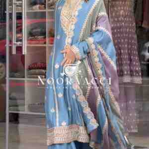 Premium Designer Faux Georgette Top Plazzo & Multicolor Dupatta Set