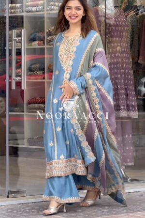 Shop Premium Designer Faux Georgette Top Plazzo & Multicolor Dupatta Set