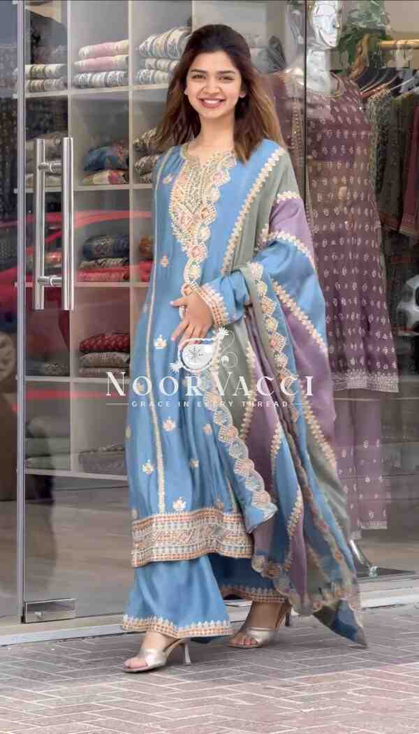 Premium Designer Faux Georgette Top Plazzo & Multicolor Dupatta Set